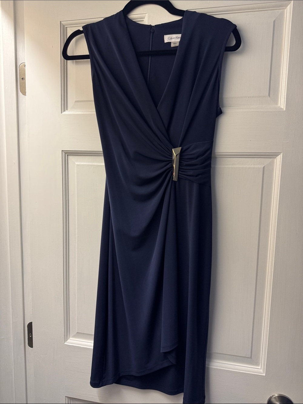 Calvin Klein Navy Twist-Front Midi Dress with Gold Accent